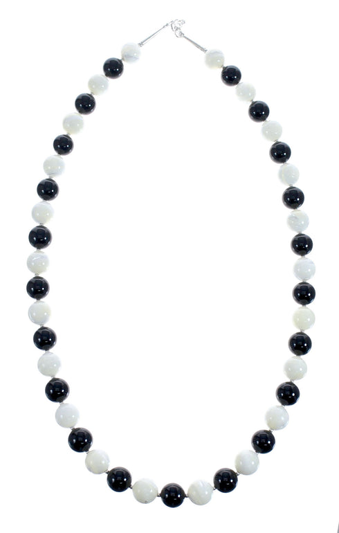 Native American Mother of Pearl Onyx Bead Sterling Silver Necklace JX126723