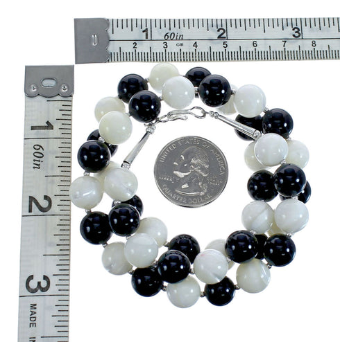 Native American Mother of Pearl Onyx Bead Sterling Silver Necklace JX126723
