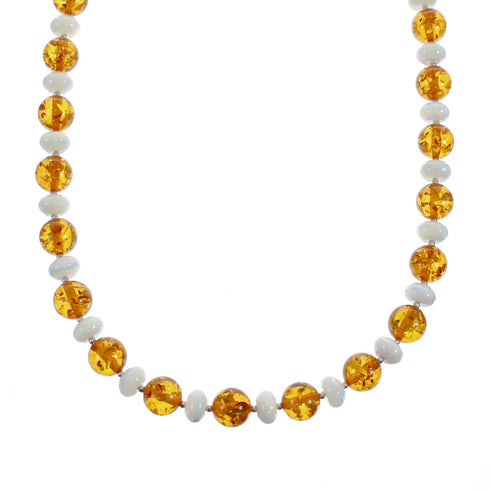 Navajo Amber And Mother of Pearl Sterling Silver Bead Necklace JX126738