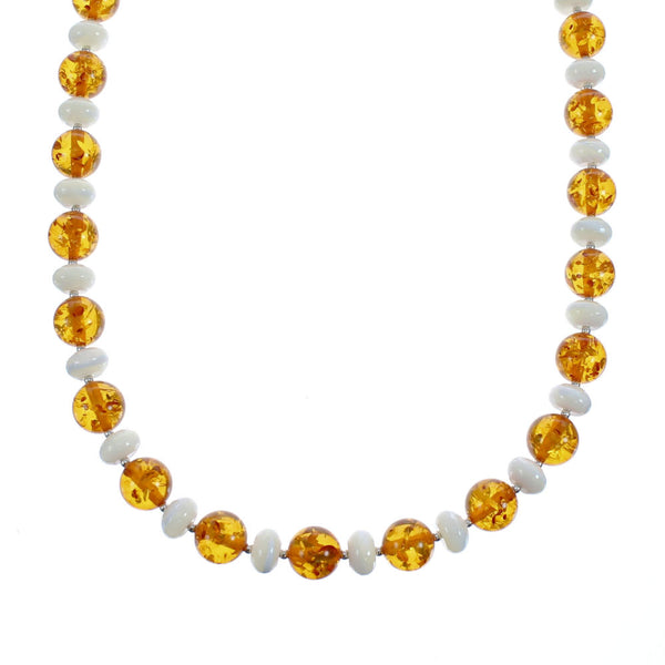Navajo Amber And Mother of Pearl Sterling Silver Bead Necklace JX126738