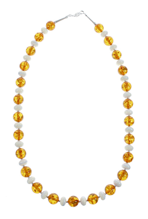 Navajo Amber And Mother of Pearl Sterling Silver Bead Necklace JX126740