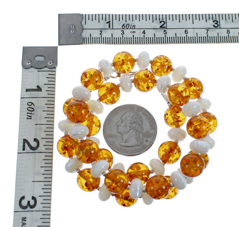 Navajo Amber And Mother of Pearl Sterling Silver Bead Necklace JX126740