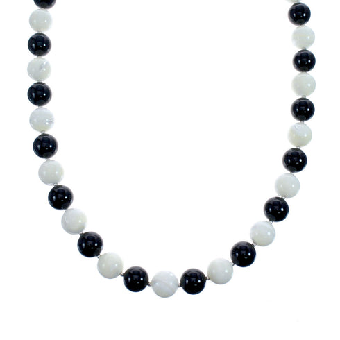 Native American Mother of Pearl Onyx Bead Sterling Silver Necklace JX126733