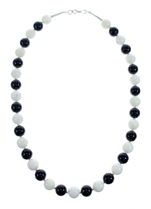 Native American Mother of Pearl Onyx Bead Sterling Silver Necklace JX126733