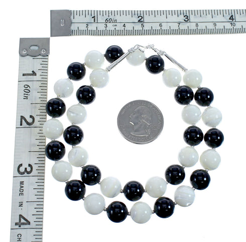 Native American Mother of Pearl Onyx Bead Sterling Silver Necklace JX126733