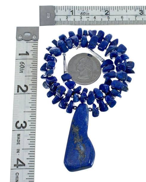 Native American Sterling Silver Lapis Bead Necklace with Pendant JX126761