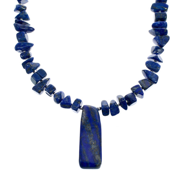 Native American Sterling Silver Lapis Bead Necklace with Pendant JX126762