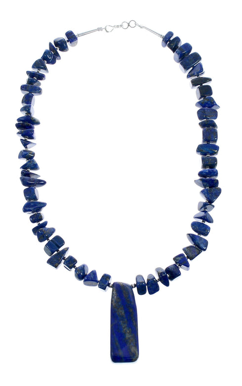 Native American Sterling Silver Lapis Bead Necklace with Pendant JX126762