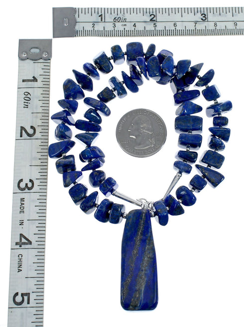 Native American Sterling Silver Lapis Bead Necklace with Pendant JX126762