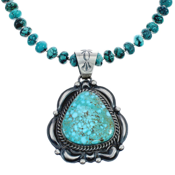 Native American Turquoise Sterling Silver Bead Pendant Necklace JX126741