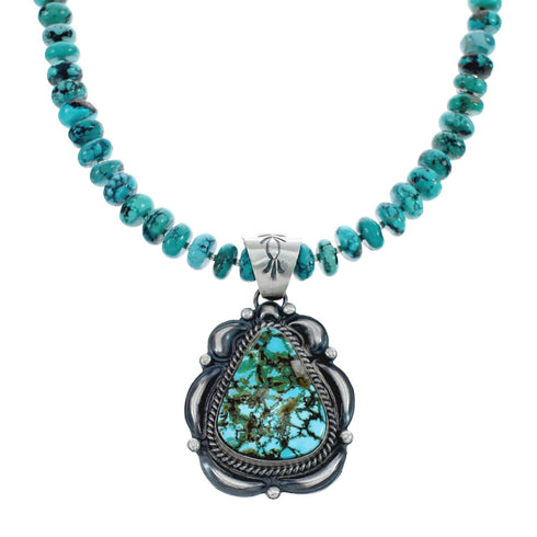 Native American Turquoise Sterling Silver Bead Pendant Necklace JX126743