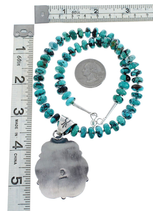 Native American Turquoise Sterling Silver Bead Pendant Necklace JX126743