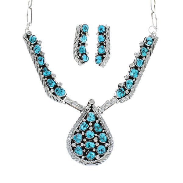 Turquoise Genuine Sterling Silver Navajo Link Necklace Set JX127051