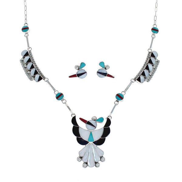 Zuni Thunderbird Multicolor Inlay Sterling Silver Link Necklace Set JX127060