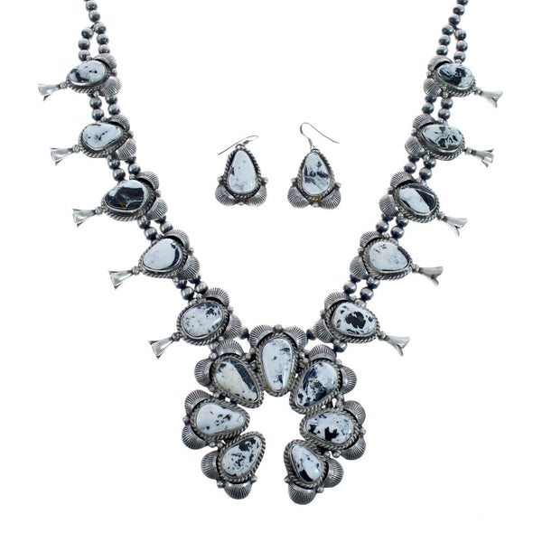 Navajo Genuine Sterling Silver White Buffalo Turquoise Squash Blossom Necklace Set JX127024