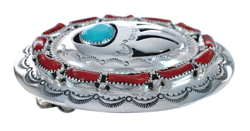 Coral and Turquoise Navajo Bear Paw Design Genuine Sterling Silver Belt Buckle JX127026