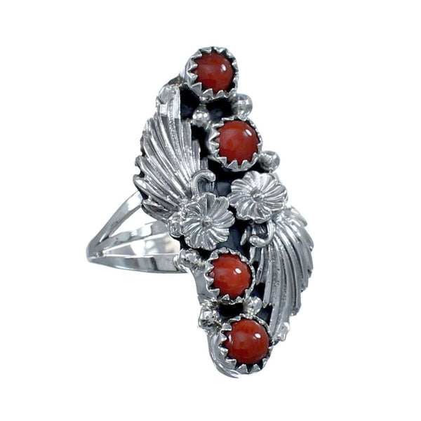 Native American Navajo Coral Sterling Silver Leaf Ring Size 6 JX126949