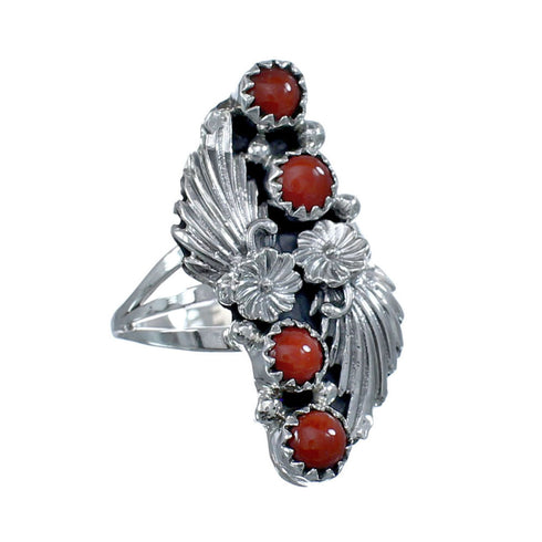 Native American Navajo Coral Sterling Silver Leaf Ring Size 7-3/4 JX126951