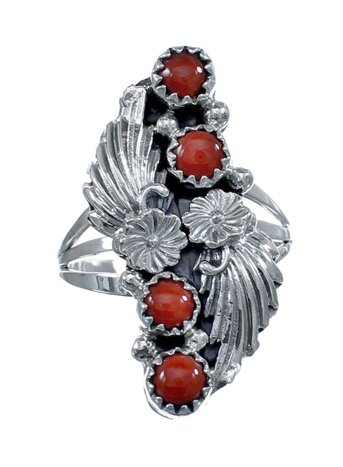 Native American Navajo Coral Sterling Silver Leaf Ring Size 5-3/4 JX126946