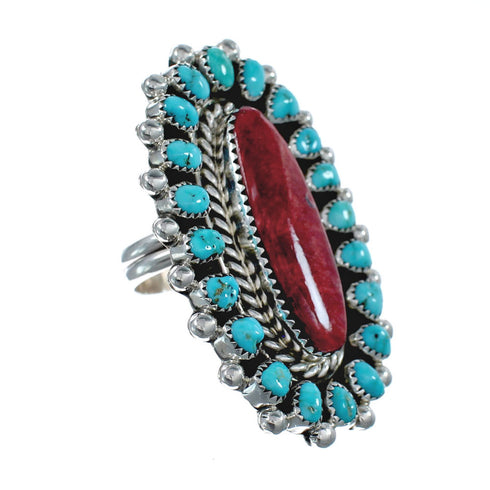 Genuine Sterling Silver Turquoise Oyster Shell Navajo Ring Size 9 AX126959