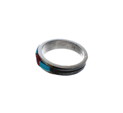 Authentic Sterling Silver Cubic Ziconia Turquoise And Coral Zuni Wedding Ring Size 9 AX127231