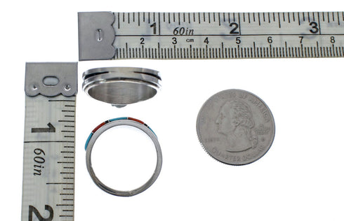 Authentic Sterling Silver Cubic Ziconia Turquoise And Coral Zuni Wedding Ring Size 9 AX127231