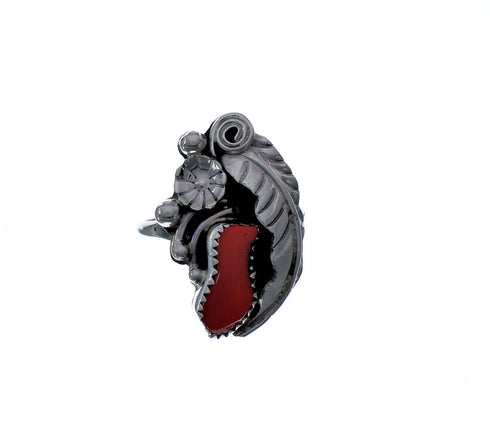 Flower Scalloped Leaf Coral Genuine Sterling Silver Navajo Ring Size 6-1/4 AX127090
