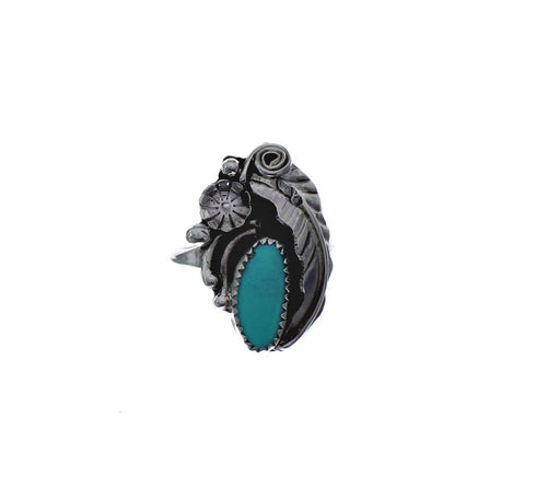 Flower Scalloped Leaf Turquoise Genuine Sterling Silver Navajo Ring Size 6-1/2 AX127084