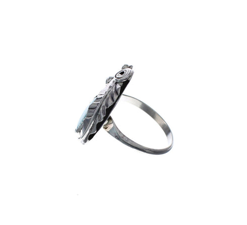 Flower Scalloped Leaf Turquoise Genuine Sterling Silver Navajo Ring Size 6-1/2 AX127084