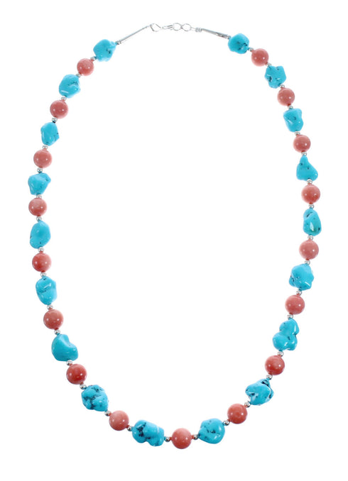 Sleeping Beauty Turquoise Coral Sterling Silver Native American Bead Necklace JX127136