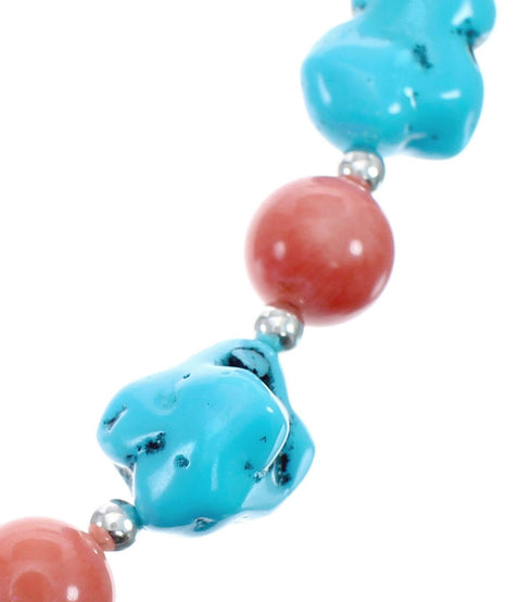 Sleeping Beauty Turquoise Coral Sterling Silver Native American Bead Necklace JX127136