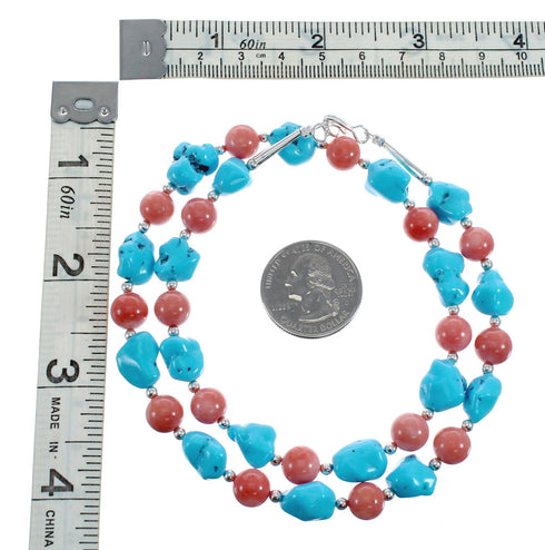 Sleeping Beauty Turquoise Coral Sterling Silver Native American Bead Necklace JX127136