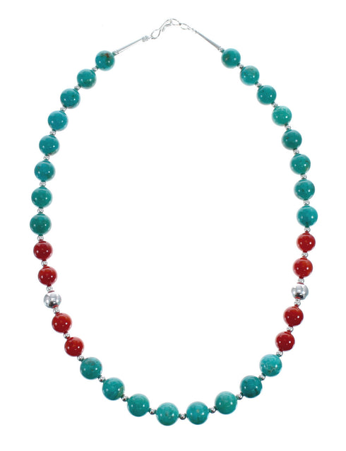 Turquoise Coral Sterling Silver Native American Bead Necklace JX127126