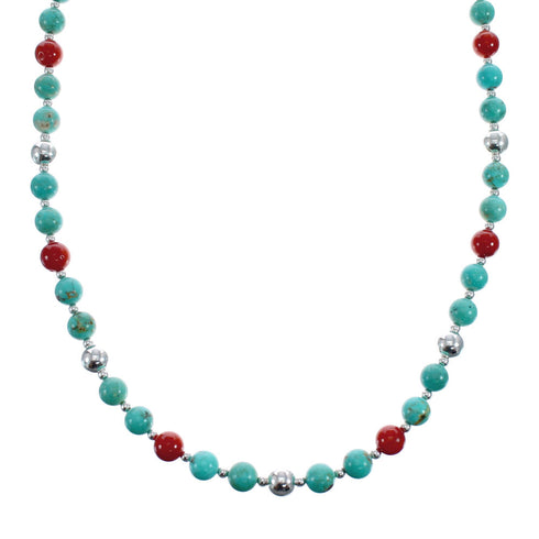 Turquoise Coral Sterling Silver Native American Bead Necklace JX127138