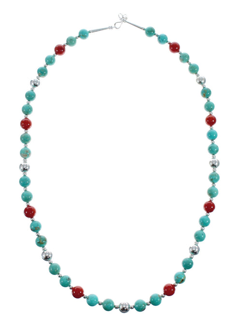 Turquoise Coral Sterling Silver Native American Bead Necklace JX127138