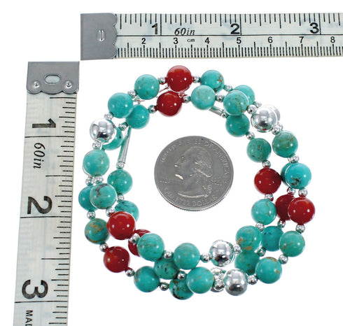 Turquoise Coral Sterling Silver Native American Bead Necklace JX127138