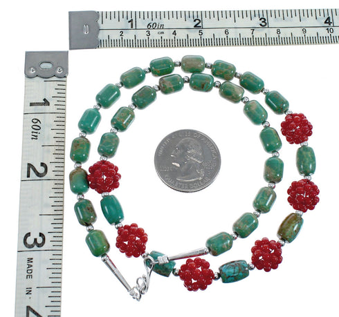 Turquoise Coral Sterling Silver Native American Bead Necklace JX127131