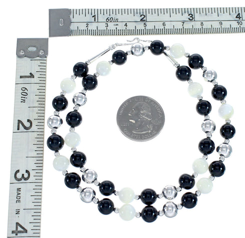 Mother of Pearl And Onyx Sterling Silver Native American Bead Necklace JX127155