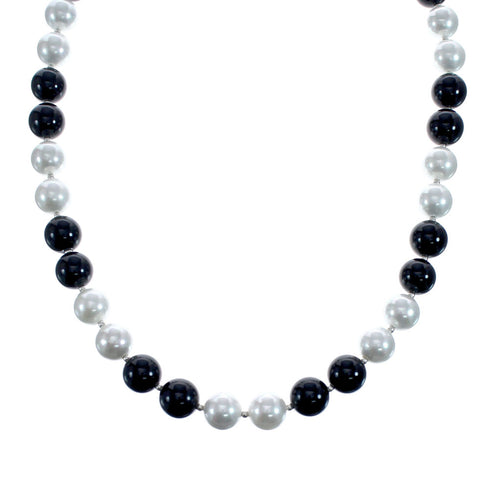 Mother of Pearl And Onyx Sterling Silver Native American Bead Necklace JX127153