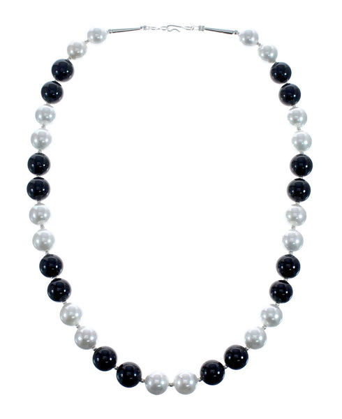 Mother of Pearl And Onyx Sterling Silver Native American Bead Necklace JX127153