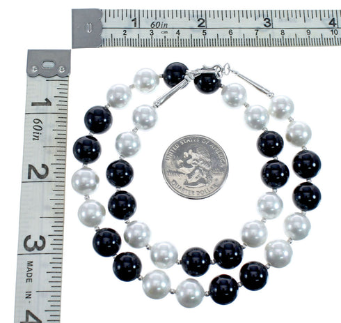 Mother of Pearl And Onyx Sterling Silver Native American Bead Necklace JX127153