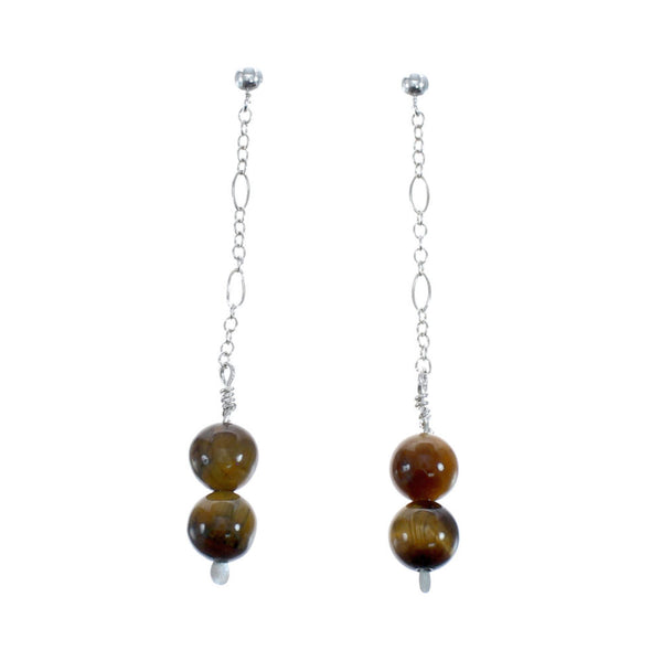 Sterling Silver Tiger Eye Bead Post Dangle Earrings JX127223