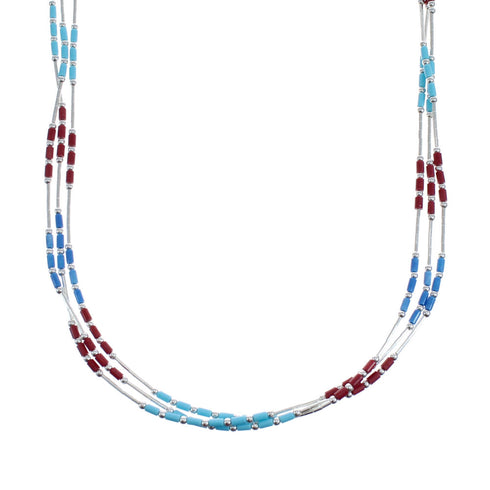 Native American Multicolor Hand Strung Liquid Silver 3-Strand Necklace AX127262