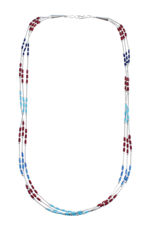 Native American Multicolor Hand Strung Liquid Silver 3-Strand Necklace AX127262