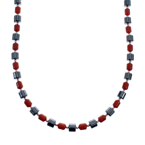 Hematite And Coral Native American Sterling Silver Bead Necklace AX127265