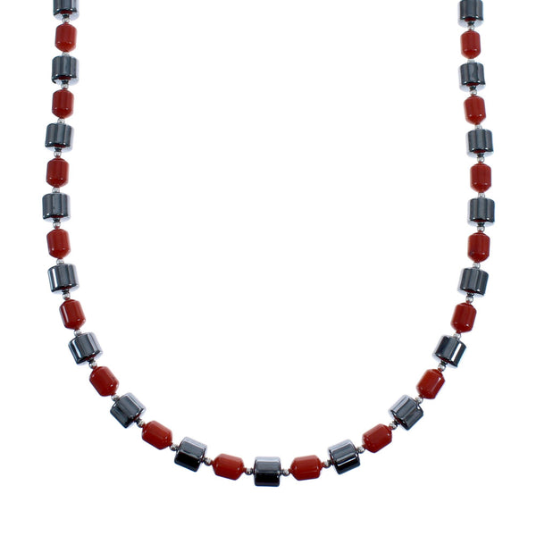 Hematite And Coral Native American Sterling Silver Bead Necklace AX127265