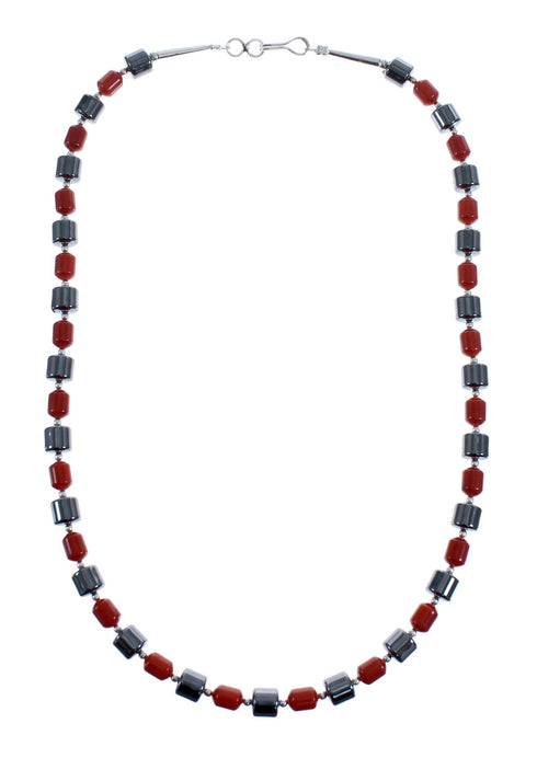 Hematite And Coral Native American Sterling Silver Bead Necklace AX127265
