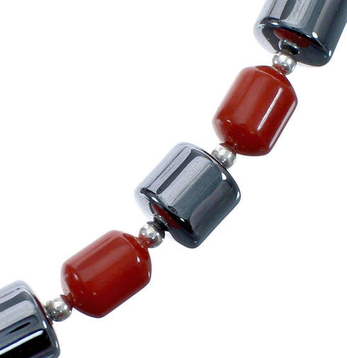Hematite And Coral Native American Sterling Silver Bead Necklace AX127265