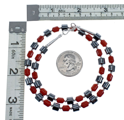 Hematite And Coral Native American Sterling Silver Bead Necklace AX127265