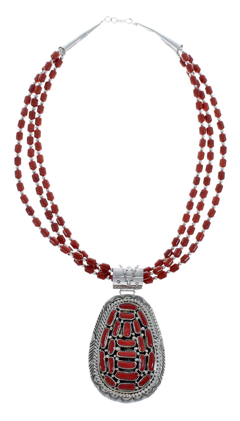 Native American 3 Strand Coral Multistone Silver Pendant Necklace Set AX127320